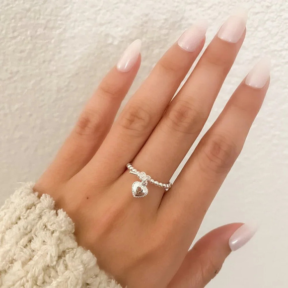 925 Sterling Silver Dangle Heart Lock & Key Ring Cute Dainty Ring Thin Bead Ring - Picture 3 of 7